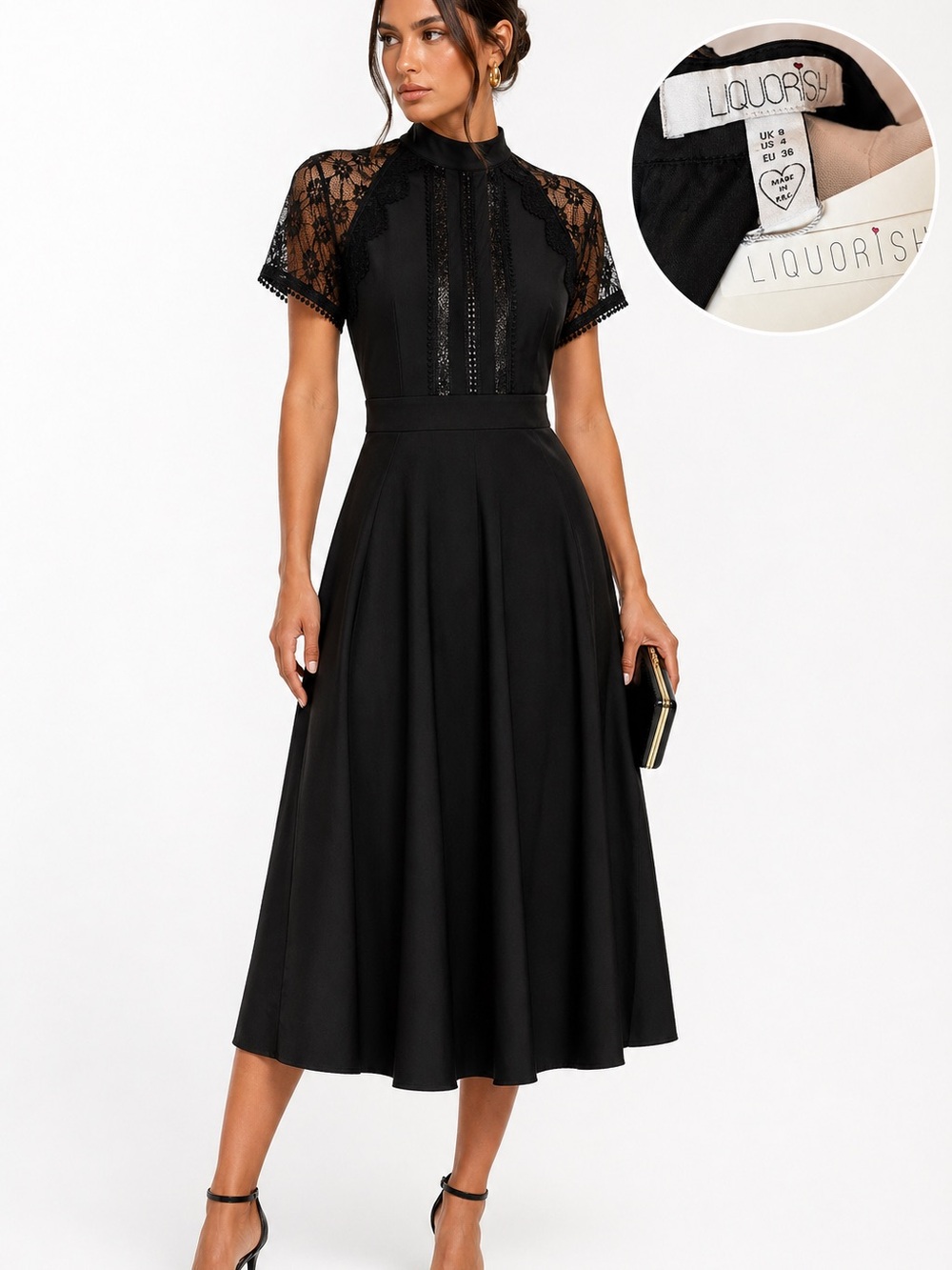 Black Lace-Trim Midi Dress
